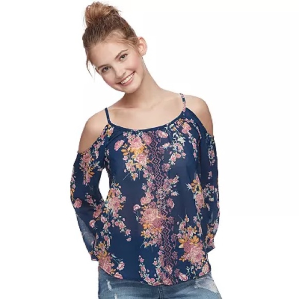 Blue Floral Embroidered Cold-Shoulder Top
